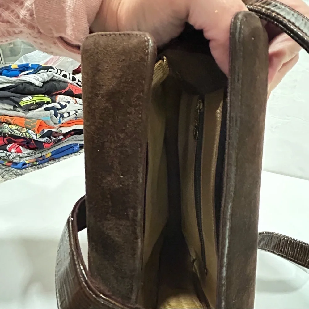 VINTAGE BLOCK Woman’s Handbag Brown Suede Gold accents Shoulder Strap